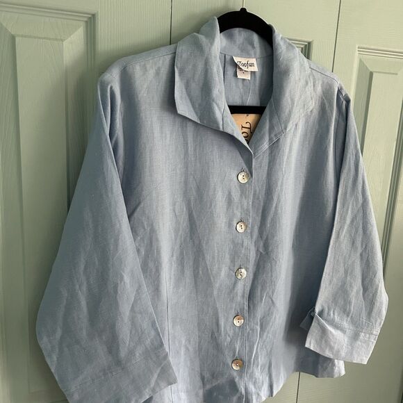 Toofan Womens Linen Light Blue Button Up Blouse Medium Relaxed Lagenlook - Picture 2 of 13